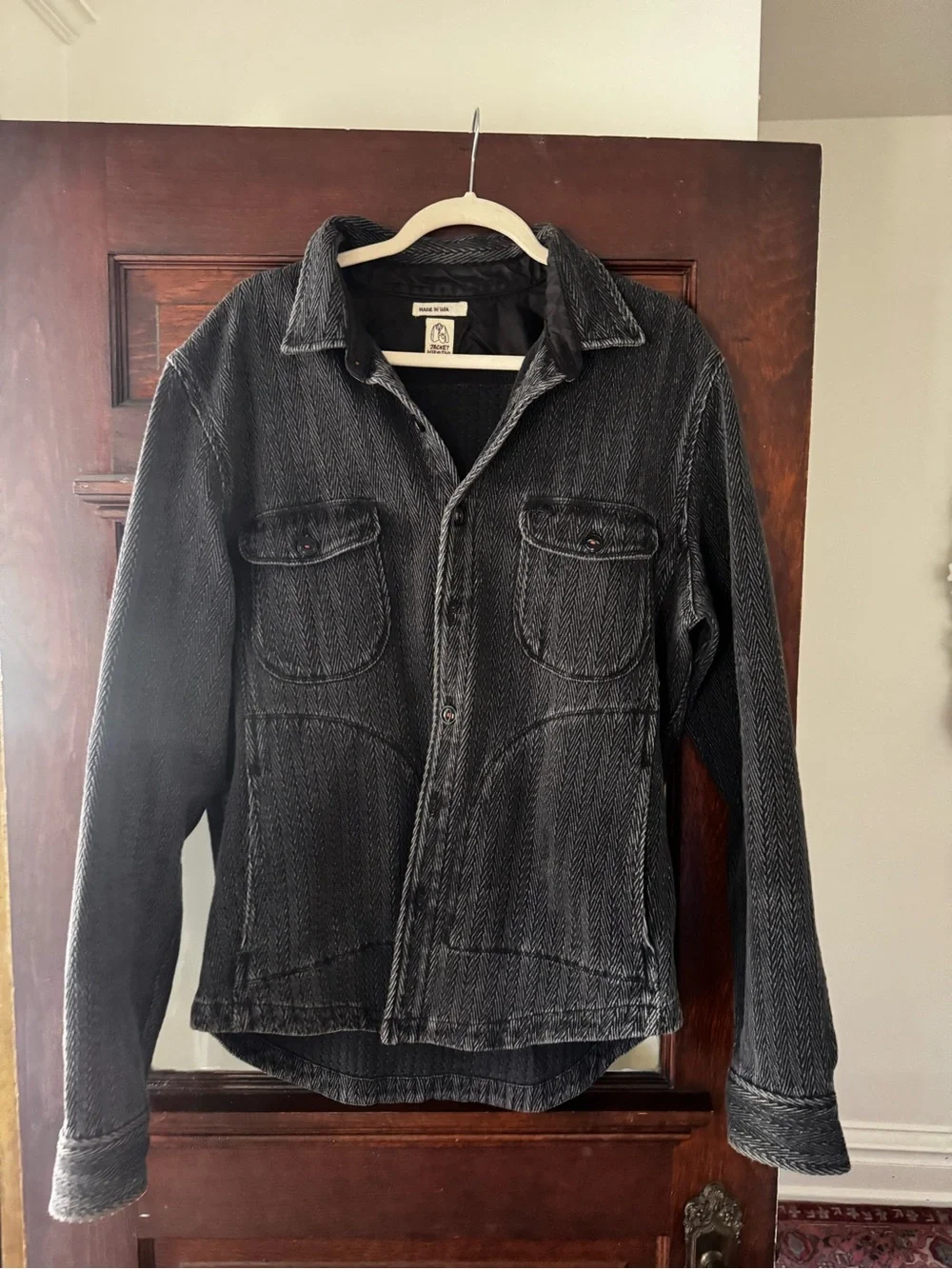 Men's Washed Black Herringbone Shirt Jacket - Lightweight Layer